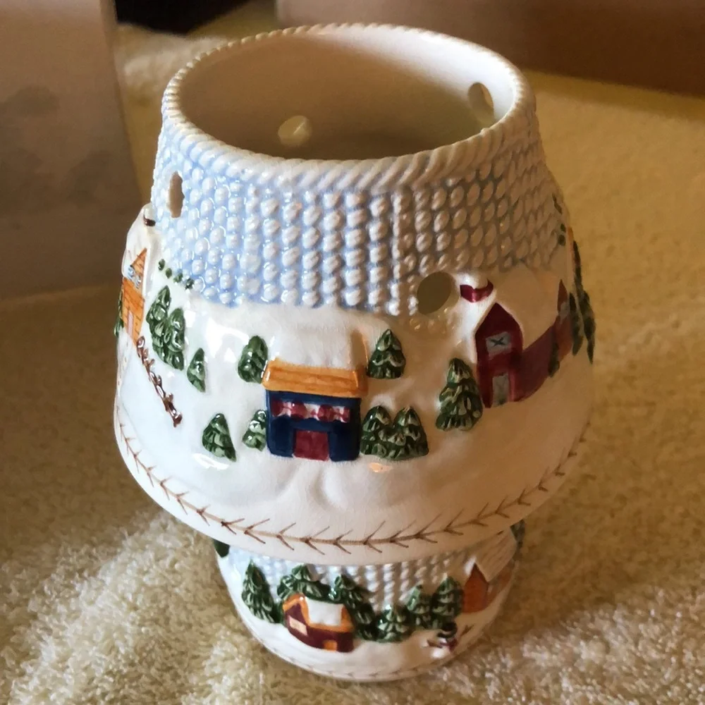 Winter Village Scene votive candle holder with shade Russ Berrie